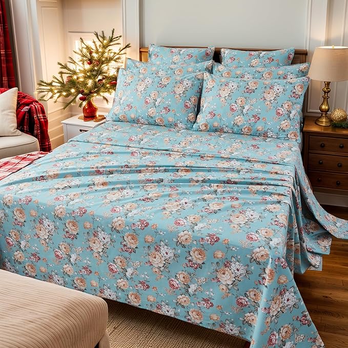 FADFAY Blue Vintage Floral Twin Size Sheets Set Premium 100% Cotton Shabby Rose Pattern Cottagecore Bedding Set Deep Pocket Sheets with 2 Pillowcases Luxury Breathable Soft 4Pcs, Twin Size