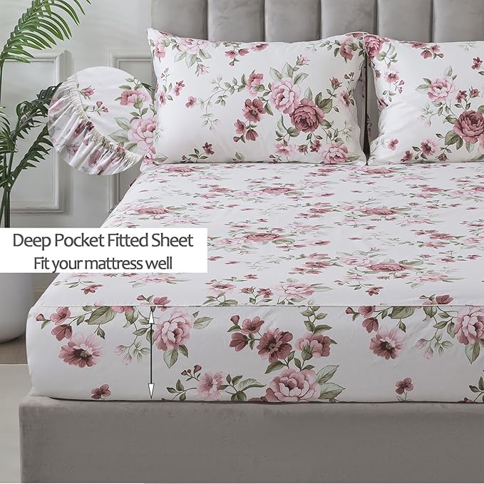 FADFAY Beige Vintage Floral Full Size Sheets Set Premium 100% Cotton Shabby Brick Red Rose Pattern Bedding Set Deep Pocket Sheets with 2 Pillowcases Luxury Breathable Soft 4Pcs, Full Size
