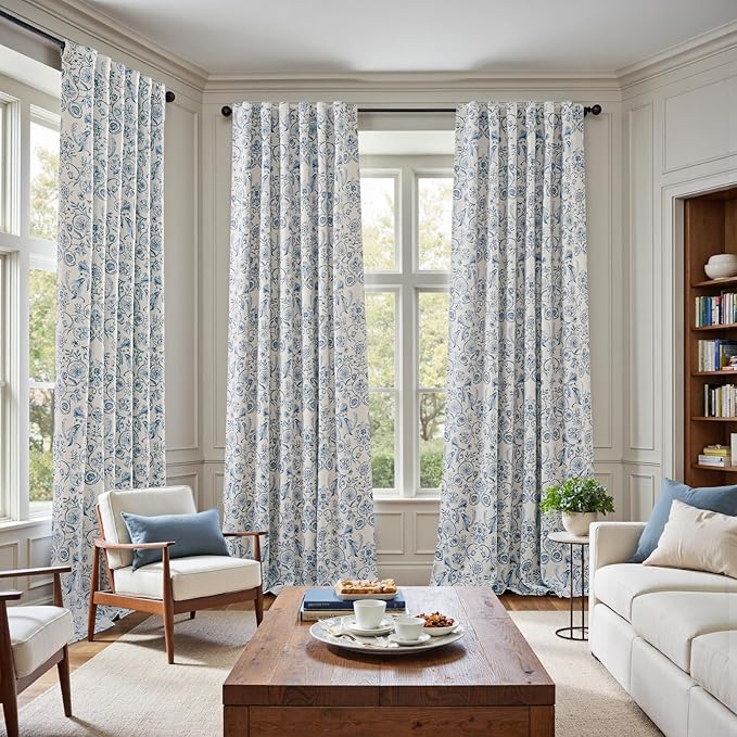 jinchan Floral Blackout Curtains for Bedroom Living Room 96 Inches Length Farmhouse Curtains Room Darkening Vintage Drapes Traditional Rod Pocket Window Treatment 2 Panels Set Blue on Beige