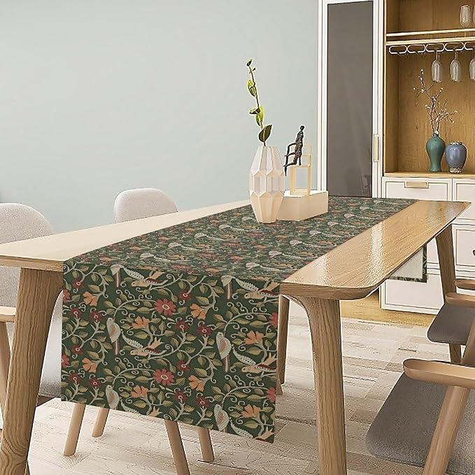William Morris Table Runner, Vintage Boho Green Botanical Flowers Birds Tabletop Decoration for Kitchen Dining Indoor Outdoor Home Holiday Party, 13x120 Inch
