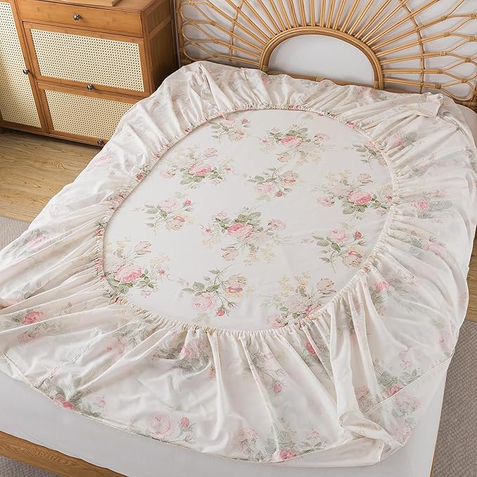 FADFAY 100% Cotton Cal King Bed Sheet Set, 4 Piece Pink Rose Floral Printed Bedding, Soft Breathable Cooling Sheets with Deep Pocket Fitted Sheet, Flat Sheet & Pillowcases, French Country All Season