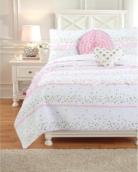 Cozy Line Home Fashions Pink Ruffle Metallic Printed Hearts Girl Cotton Reversible Quilt Bedding Set, Coverlet, Bedspreads (Sparkling Hearts, Queen - 3 Piece: 1 Quilt + 2 Shams)
