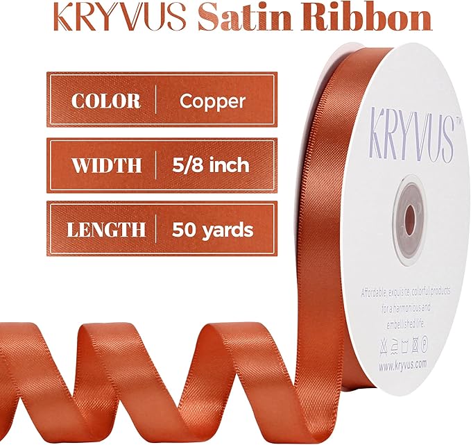 Copper Satin Ribbon, Double Faced 5/8 Inch X 50 Yards Copper Ribbon, Premium Satin Ribbon for Gift Wrapping, Crafts, Hair Bow Making, Sewing, Flower Bouquet, Wedding Party Decor
