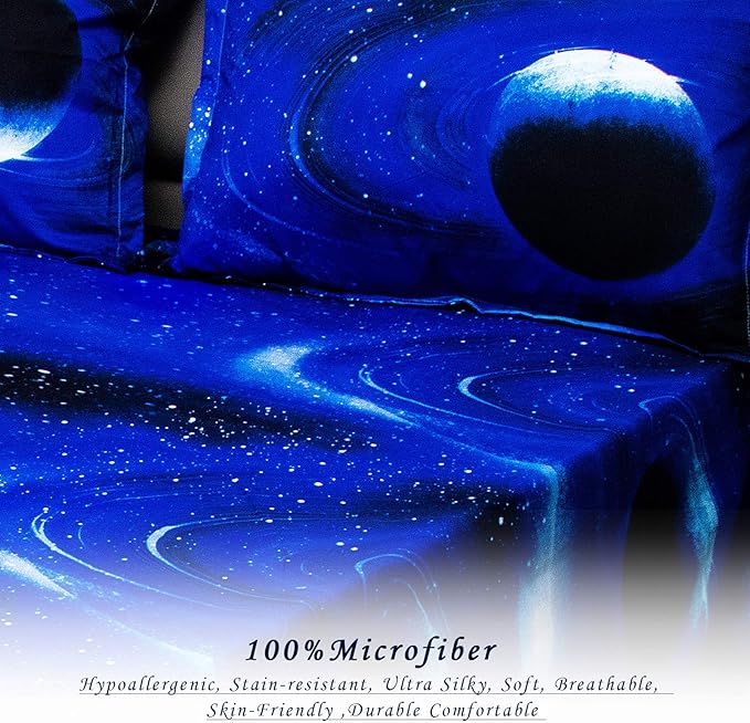 Bedlifes Galaxy Outer Space Sheet Set, Galaxy Themed, 3 pcs Including Flat Sheet, Fitted Sheet, and 1 Pillowcase (Light Blue Full)