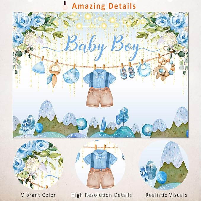 Blue Floral Baby Shower Backdrop Banner Decorations for Boy,Oh Baby Boy Outfit Backdrops Banner Watercolor Flower Photography Background for Baby Shower Party Supplies Photo Booth Props 5x3ft