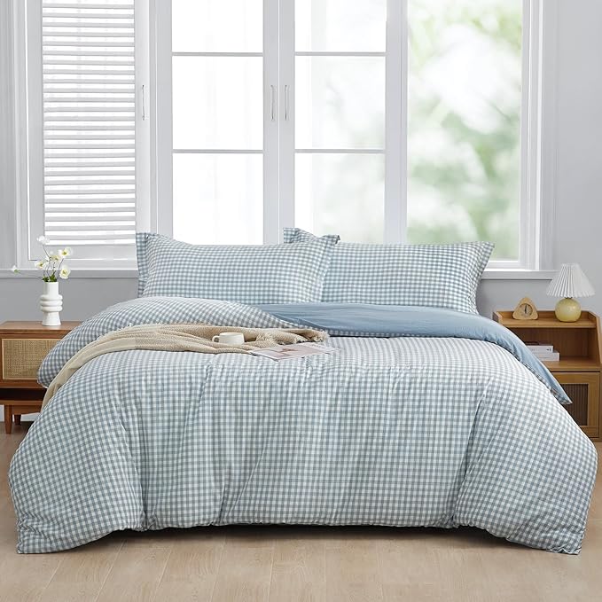 SAPHREAS Twin Size Light Blue Plaid Duvet Cover 100% Washed Cotton Soft Comforter Cover Simple Style 2pcs 1 Blue Grid Duvet Cover 1 Pillow Sham, Comforter Not Included