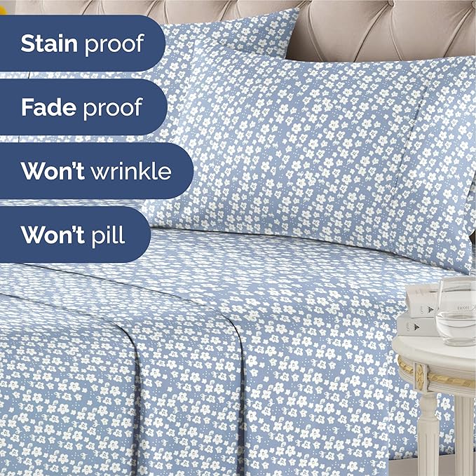 Floral Sheets - Blue Floral Bed Sheet Set - 1 Flat, 1 Fitted & 2 Pillowcases w/ Deep Pockets - Comfy, Wrinkle & Fade Free - Boho Botanical Bedding - Ultra-Soft, Breathable & Cooling - Queen Size Set