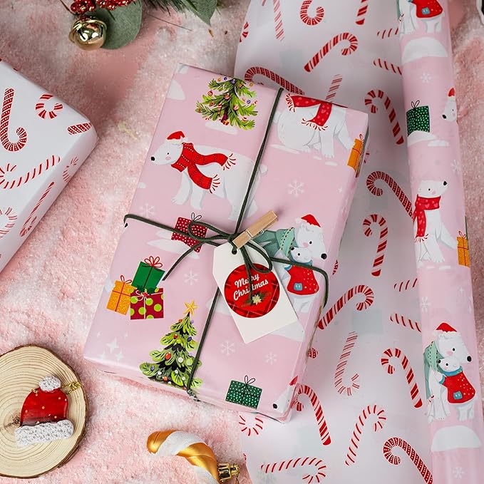 MAYPLUSS Christmas Wrapping Paper Roll - 17IN X 33FT - Pink Gift Wrap Paper Featuring Christmas Tree Polar Bear Scarf Hat Reversible Candy Cane for Kids, Holiday, New Year