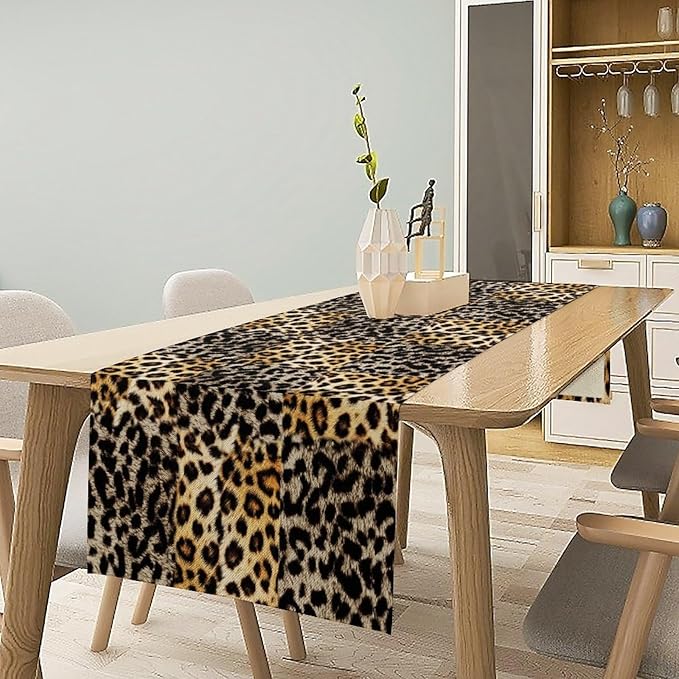 Animal Skin Print Table Runner, Vintage Leopard Farmhouse Cottage Country Western Wildlife Safari Dinner Runner for Home Kitchen Dining Table Party Holiday 13x120in