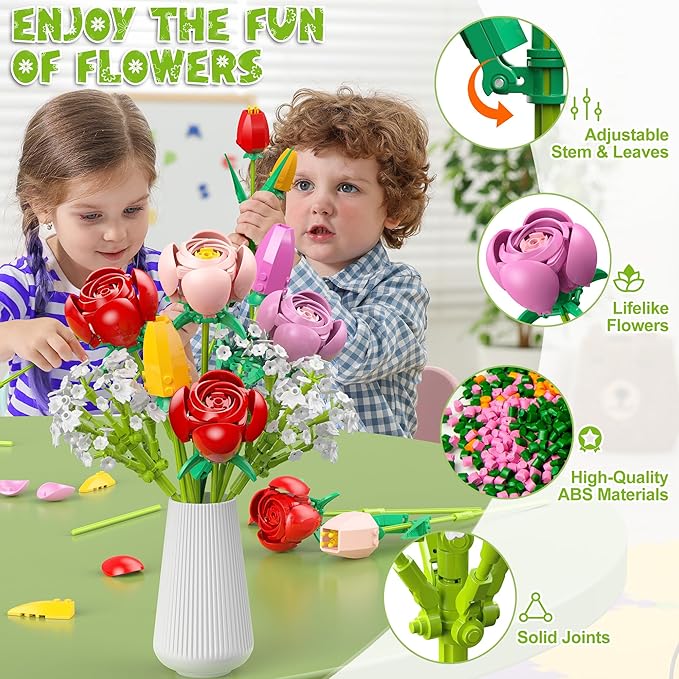 Flower Bouquet Building Set, 680PCS Tulip & Rose Block Kit for Adults & Kids Ages 6+, DIY Floras for Home Office Decor, Birthday, Valentine's Day & Mother's Day