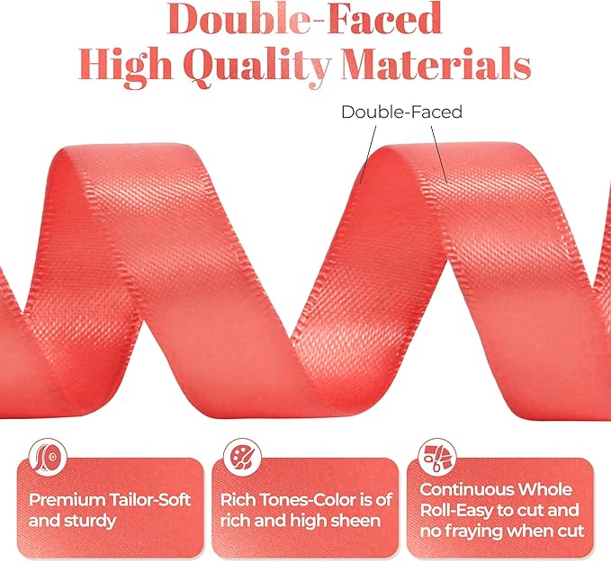 Coral Satin Ribbon, Double Faced 5/8 Inch X 25 Yards Coral Ribbon, for Gift Wrapping, Crafts, Hair Bow Making, Sewing, Flower Bouquet, Wedding Party Decor