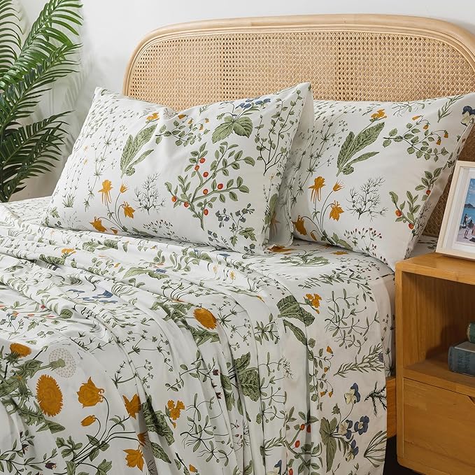 Zusbest Full Size Sheets 100% Percale Cotton Green Floral Bed Sheet Set Yellow Flower & Green Leaves Botanical Pattern Printed on White Garden Luxury Crisp Soft Deep Pocket Fitted Sheet 17.5'' 4Pcs