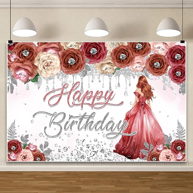 AOFOTO Happy Birthday Backdrop Red Beige Pink Rose Floral Diamond Print Photography Background for Women Girls Birthday Party Banner Home Wall Decor Photo Studio Booth Props 10x8ft