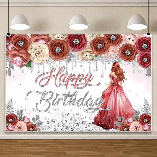 AOFOTO Happy Birthday Backdrop Red Beige Pink Rose Floral Diamond Print Photography Background for Women Girls Birthday Party Banner Home Wall Decor Photo Studio Booth Props 10x7ft