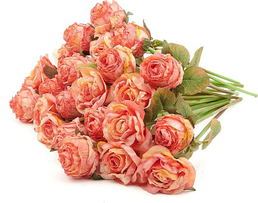 Rose Artificial Flower 28pcs Realistic Faux Silk Roses Fake Flowers Bouquets Arrangements Decor for Wedding Spring Mother's Day, Home Table Decorations, Orange Flower