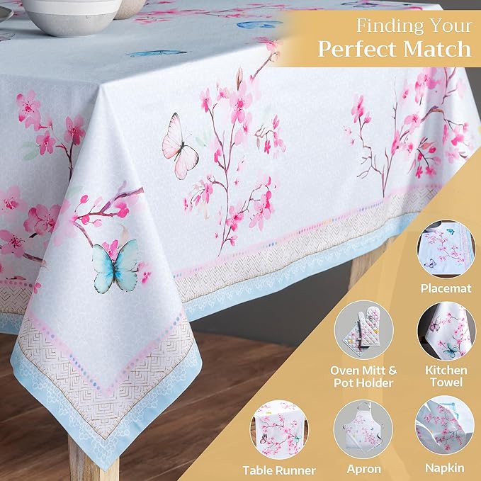 Maison d' Hermine Table Cloth Rectangle Table 100% Cotton 60 x 90 Inches Tablecloth Reusable Decorative for Dining Room, Farmhouse, Home, Party, Festive & Wedding Spring Summer - Blossoms in Spring