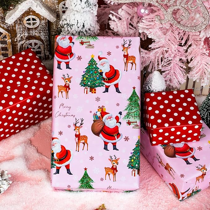 Yarcony Pink Christmas Wrapping Paper, Santa Gift Wrapping paper, Reversible Vintage Santa Claus, Christmas Tree & Reindeer Festive Holiday Gift Wrap for Present Packaging, Craft (17 Inch X 33 Feet)