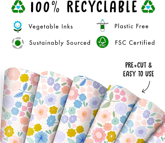 CENTRAL 23 Floral Wrapping Paper - Pastel Colorful Flowers - 6 Sheets Of Gift Wrap For Women - White Wrapping Paper For Birthday Baptism Baby Shower - Recyclable