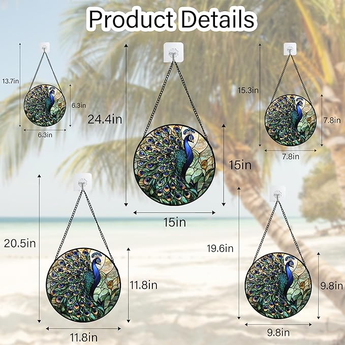 Stained Glass Window Hanging, Blue Green Peacock Decor Suncatcher for Door Garden Home Decoration Bird Sun Catchers Christmas Mother's Day Birthday Gifts for Women Men Mom Nana Friend 15 in