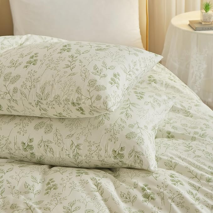 HighBuy 3 Pieces Duvet Cover Twin XL White Duvet Cover with Green Floral Print,Coquette Soft Cotton Comforter Cover Boho Style,Aesthetic Twin XL Bedding Set with Zipper Closure 4 Ties,All Season