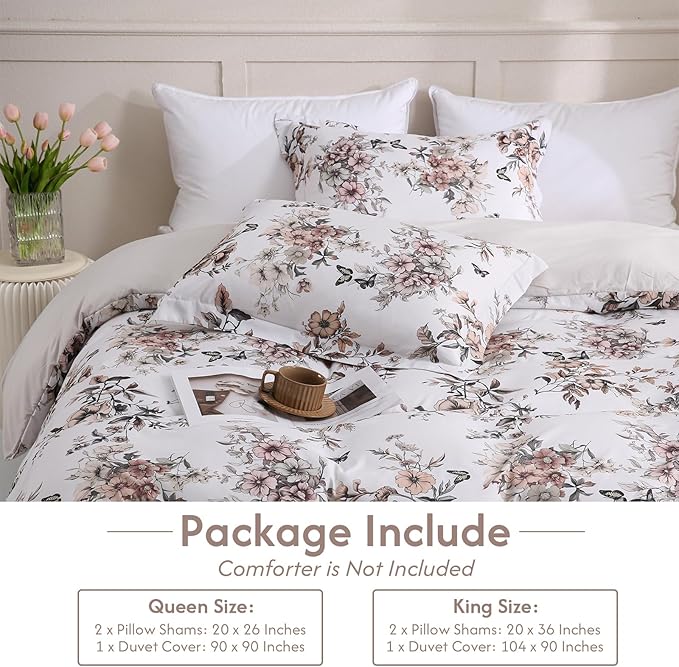 LONAVA Queen Floral 3 Pcs Duvet Cover Set, Breathable Soft Microfiber Light Grey Lining Comforter Cover with Zipper Closure, and 2 Anti-Pilling, Fade Resistant Pillowcases, Withered Flowers