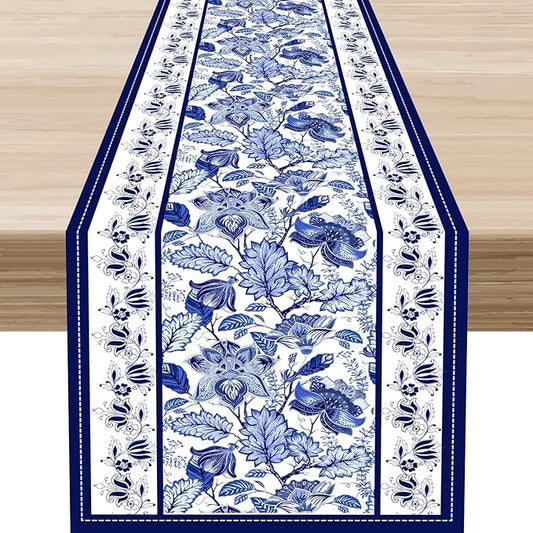 Blue Floral Table Runner, Rustic Vintage Paisley Floral Retro Boho Art Linen Coffee Table Center Decor for Family Kitchen Farmhouse Holiday Party Table Decorations Indoor Outdoor 13x72 inch