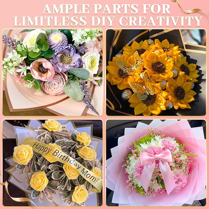 260Pcs Flower Bouquet Wrapping Paper Kit, 60 Sheets Pink Waterproof Paper, 36 Butterflies, 8 Crowns, 1 Headband, 4 Ribbons, 15 Cards, 100 Diamond Pins, 30 Floral Wire, 3 Stickers, 3 Tapes (Pink)