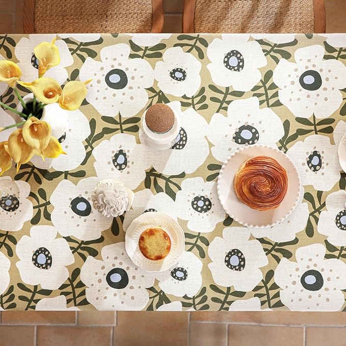 Designer Vintage Small Rectangular Tablecloth,Linen French Tablecloth with White Floral Pattern,Decor Table Cover for Kitchen,Dining,Thanksgiving,Tea Party,55" × 71"-Hidaka