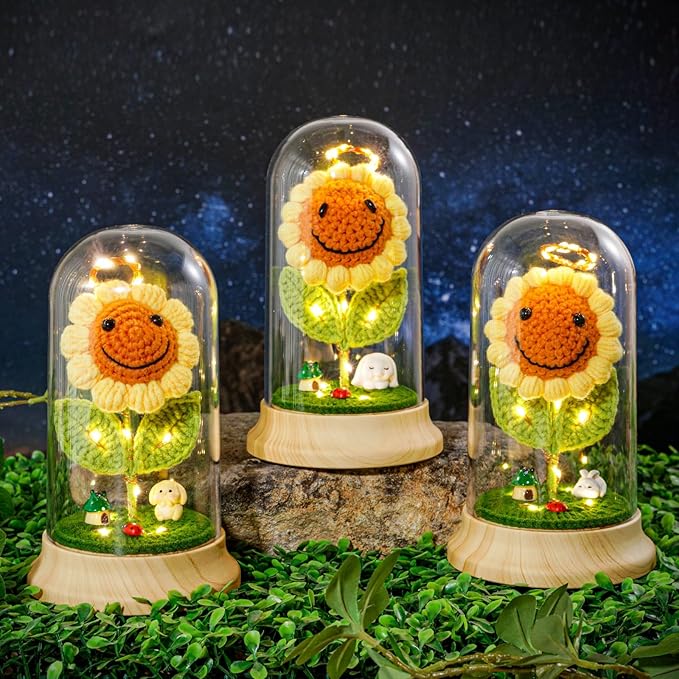 Levvohd Crochet Sunflower Gifts for Women, Artificial Sun Flower Birthday Gifts for Grandma, in Plastic Dome Sunflower, for Her Mom Mothers Day Christmas Day Gifts (B - 4.3 in X 7.5 in)