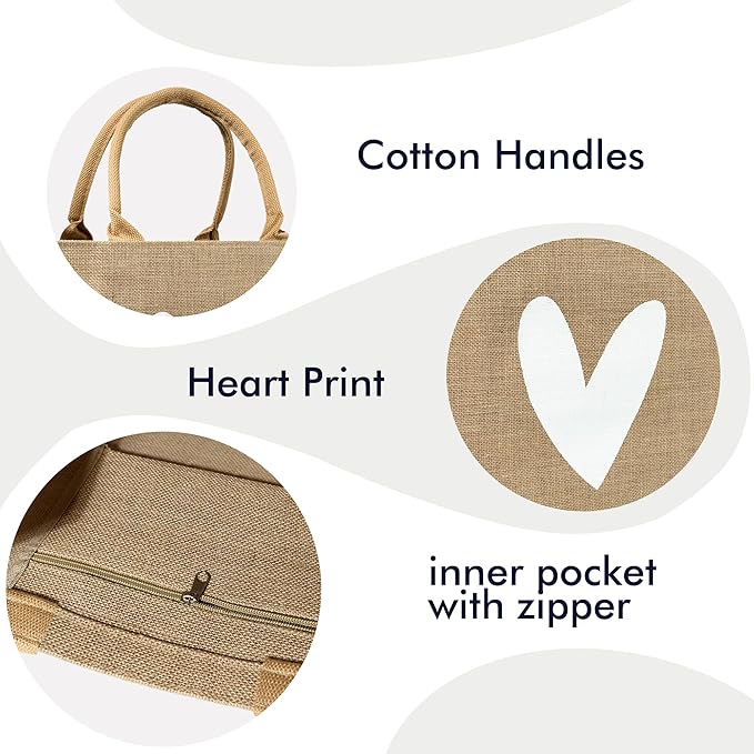 Burlap Tote Bags with Handles Only One White Heart Printed Reusable Jute Gift Bags Waterproof Lining for Valentine's Mother's Day Wedding Bridesmaid Bachelorette Beach Party