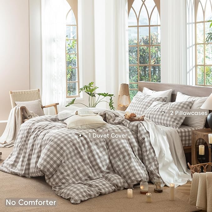 MooMee Gingham Duvet Cover Set 100% Washed Cotton Linen Like Textured Breathable Durable Soft Comfy Modern Checkered Design (Buffalo Plaid Tannish Linen Grey, Palatial King/Oversized King 120"x98")