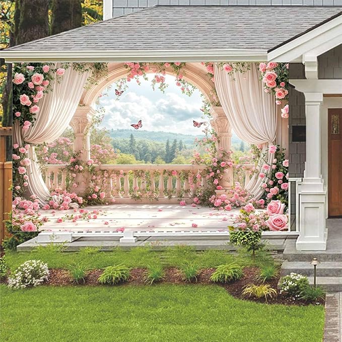 7X5ft Pink Floral Photography Backdrop, Retro Flowers Photography Backdrop Dreamlike Wedding Portrait Photo Background Wedding Birthday Party Background Banner Decor, Pink-1