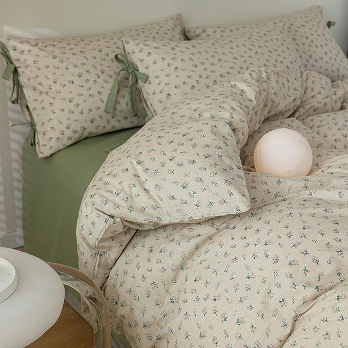 LifeTB Green Flower Comforter Set Twin XL Vintage Floral Comforter with 2 Bow Ties Pillowcases Soft Fluffy Cottagecore Bedding Set for Girls Women Botanical Bedding Comforter Set for All Season