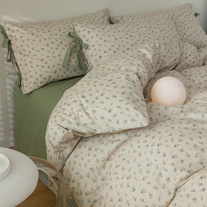 LifeTB Green Floral Duvet Cover Twin XL 3 Pieces Green Blossom Flower Comforter Cover Vintage Floral Cottagecore Bedding Set 100% Cotton Flower Botanical Comforter Cover with 2 Bowknot Pillowcases