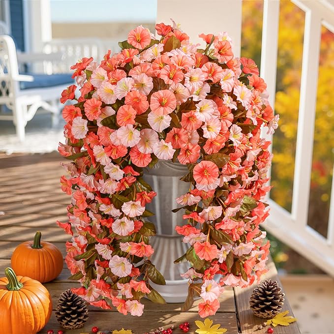 Artificial Fake Fall Mums Hanging Flowers Plants for Outdoor Decoration, 2 PCS Faux Silk Morning Glory Trailing Vines UV Resistant for Wall Home Porch Patio Party Decor (Fall Orange and Light Orange)