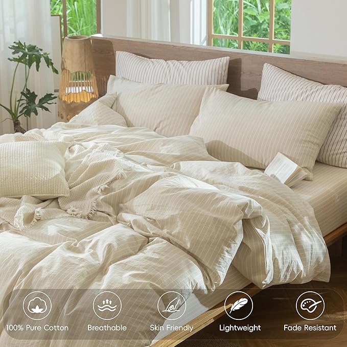 MooMee Striped Duvet Cover Set 100% Washed Cotton Linen Like Textured Breathable Durable Soft Comfy (Almond Milk Grey White Wide Stripes, Super Queen 90"x98")