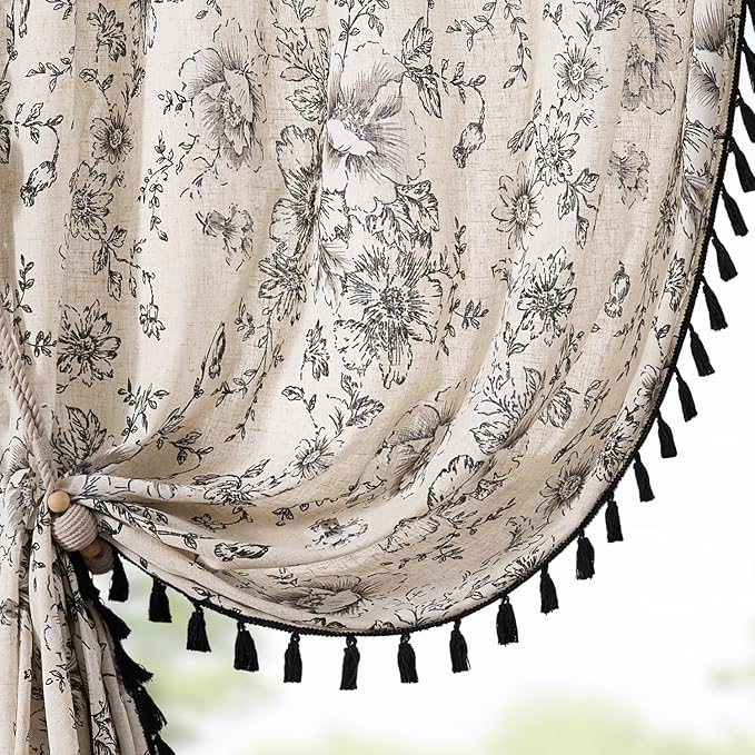 JINCHAN Linen Curtains Floral Curtains Living Room 96 Inch Long Printed Curtains Tassels Rod Pocket Back Tab Farmhouse Rustic Peony Flower Patterned Drapes Bedroom Window Curtain Set 2 Panels Black