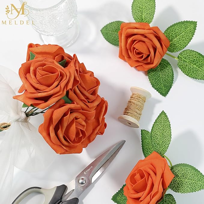 Meldel Artificial Flowers 50pcs Real Looking Orange Foam Fake Roses with Stems for DIY Wedding Bouquets Bridal Shower Centerpieces Floral Arrangements Home Decorations Bulk Rose