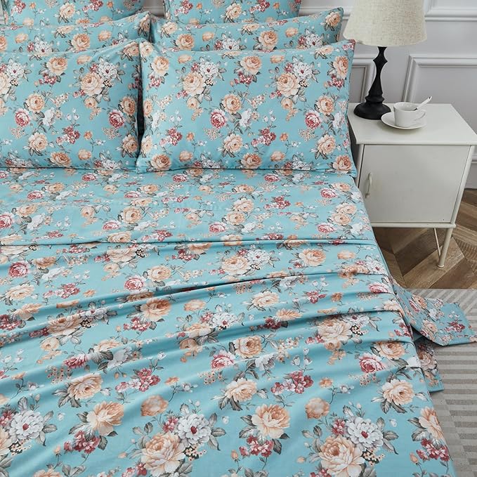 FADFAY Blue Vintage Floral Full Size Sheets Set Premium 100% Cotton Shabby Rose Pattern Cottagecore Bedding Set Deep Pocket Sheets with 2 Pillowcases Luxury Breathable Soft 4Pcs, Full Size
