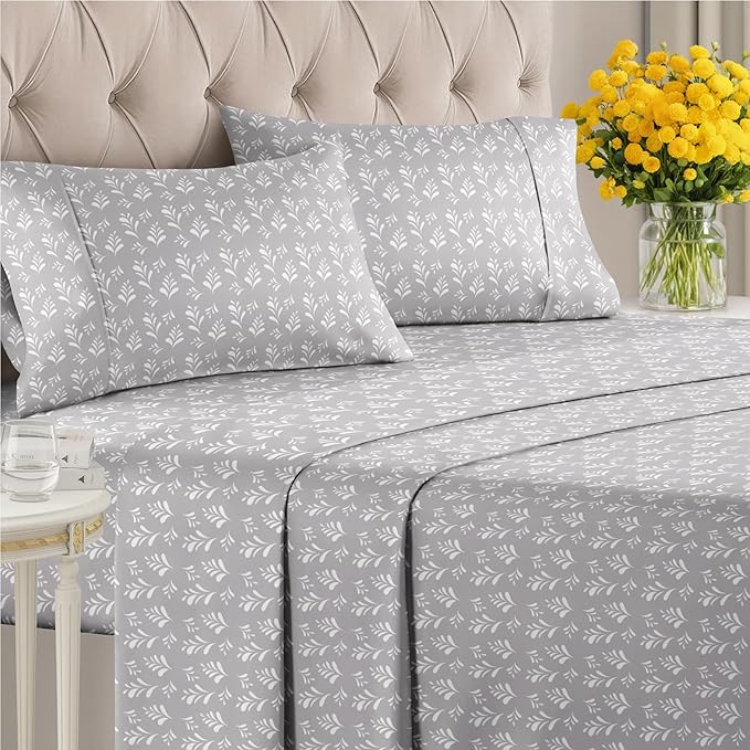 Floral Sheets - Grey & White Bed Sheet Set - 1 Flat, 1 Fitted & 2 Pillowcases w/ Deep Pockets - Comfy, Wrinkle & Fade Free - Boho Botanical Bedding - Ultra-Soft, Breathable & Cooling - King Size Set
