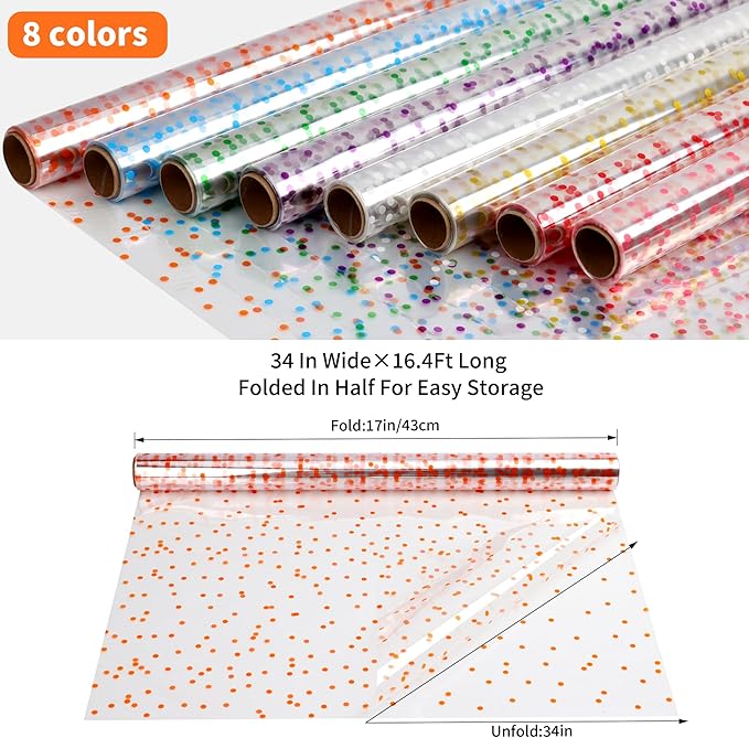CMFYHM 8 Rolls clear Cellophane Wrap Roll (34 in x 16.4 ft x 8 Colors) Gift Baskets Wrap Roll,Extra Wide Transparent Polka Dots Cellophane Wrapping for Gift Baskets,Flowers, Candies, DIY Craft,Baby Shower, Easter,Halloween,Christmas