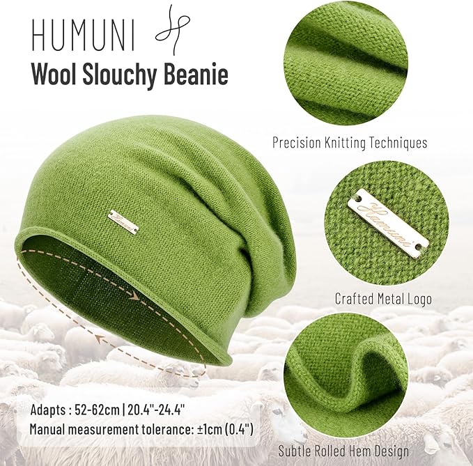 100% Wool Slouchy Beanie, Warm Beanie Hats for Women Breathable Knitting Skull Beanies Cap for Spring Fall Winter