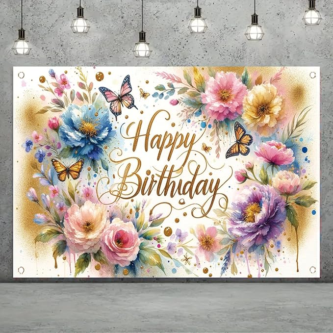 Floral Birthday Backdrop for Girls Spring Butterfly Happy Birthday Photography Background Pink Flower Blossom Plant Pastel Girls Lovely Princess Banner Photo Booth Studio 70.8 x 43.3 Inch