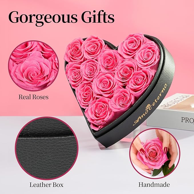 Flower, Forever Roses in A Box, Fresh Flowers, Birthday Gifts for Her, Women, Mom, Girlfriend, Wife, Grandma,Pink Forever Roses