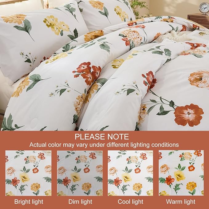 Yellow Floral Comforter Set Cute Botanical Bedding Queen 100% Cotton Floral Vintage & Country Cottage Bedroom Decor Soft Reversible