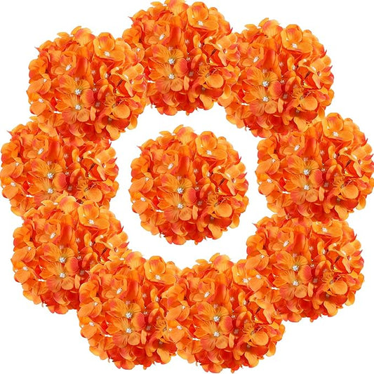 Silk Hydrangea Heads with Stems Artificial Flowers Heads for Home Wedding Decor,Pack of 10 (Orange)