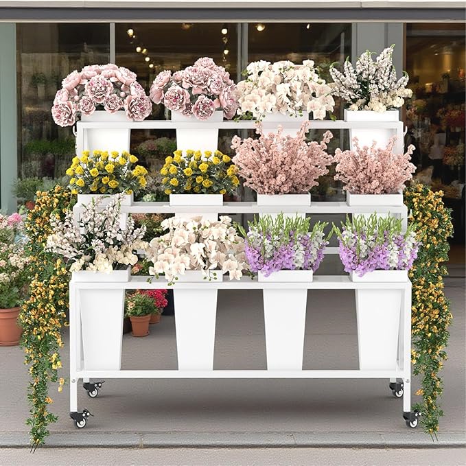White Metal Flower Cart with Wheels – 3-Tier Flower Display Stand with 12 Removable Buckets & Hooks – Ideal for Wedding, Home, and Storefront Use