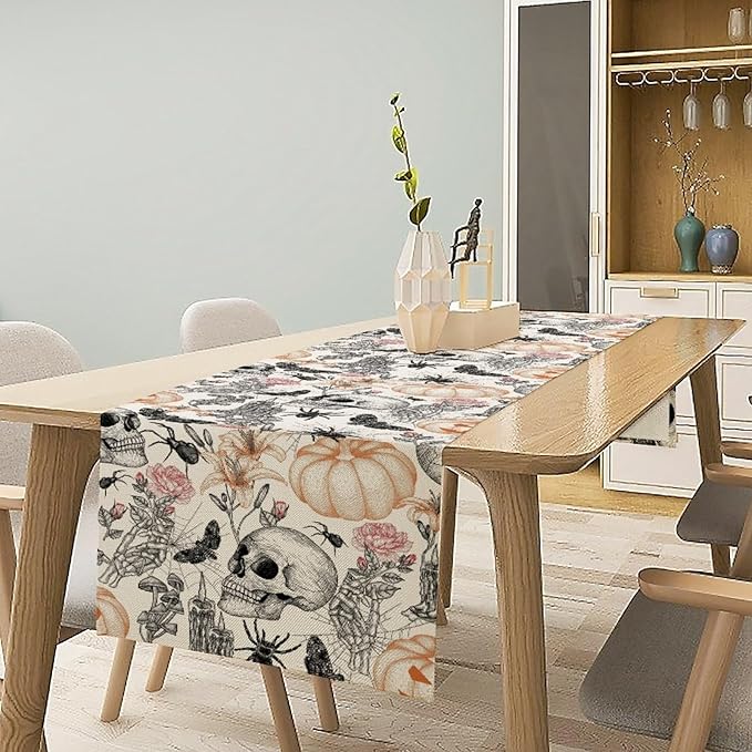 Gothic Table Runner,Black White Skull Moth Pumpkin Halloween Table Runner for Home Kitchen Table Dining Garden Farmhouse Wedding Party Decor 13x60 Inch