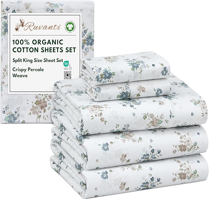 RUVANTI 100% Organic Cotton Sheets Split King, Percale Weave, GOTS Certified, 5-Piece Set, Deep Pocket 15", Crisp & Breathable, Soft Durable Bedding, Sábanas Algodón Orgánico – Halcyon