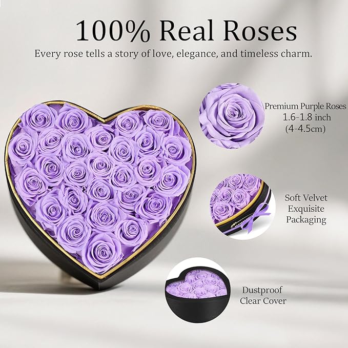 27 Preserved Roses in Heart Shape Gift Box for Her - Forever Flowers for Delivery, Eternal Rose Mothers Gifts for Mom, Wife Anniversary Birthday Gifts for Women, Purple